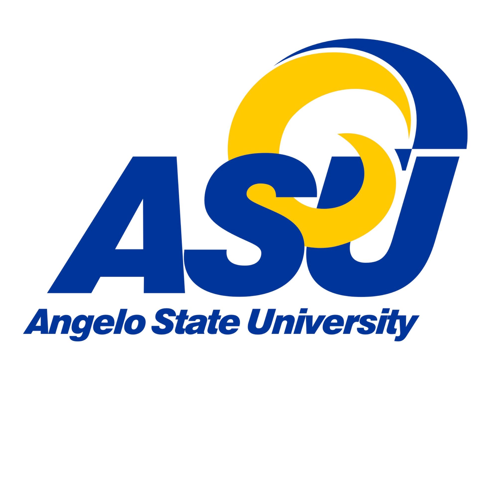 Angelo State University Logo with their abbreviation and a blue and yellow decorative swirl