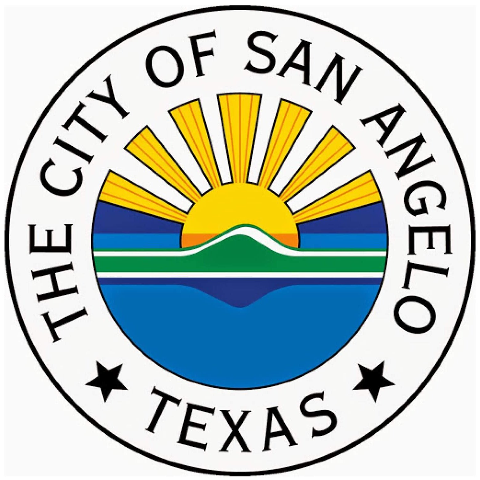 Logo for City of San Angelo with a sun, green hills, and water