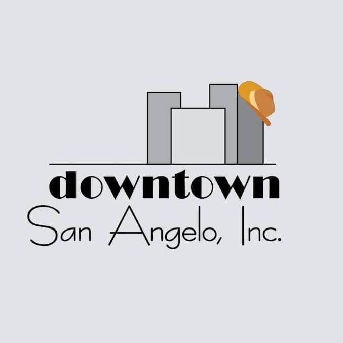 Downtown San Angelo logo with building outlines and a cowboy hat hanging from them
